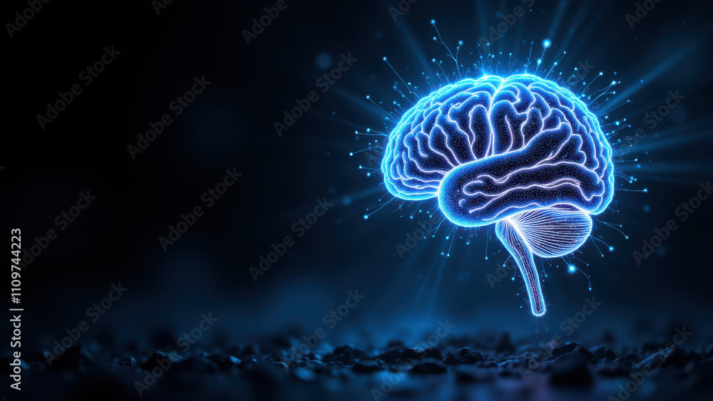 Poster an artistic rendering of an ai brain emitting electrical energy against a dark background, symbolizi