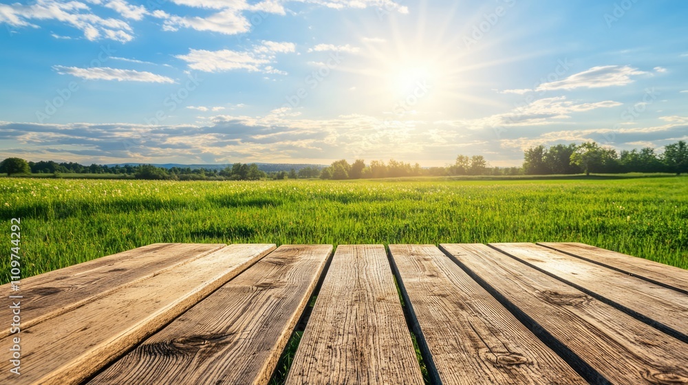 Aufkleber sunlit spring meadow with an uncluttered wooden table for display against a blurred nature backgroun