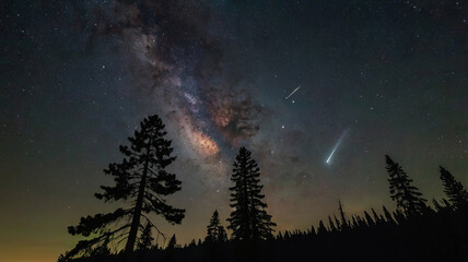 Fototapeta premium The Milky Way over a pine forest before sunrise.