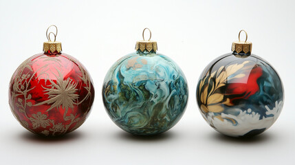 colourful painted christmas tree balls on white background. christmas ornaments festive celebrations