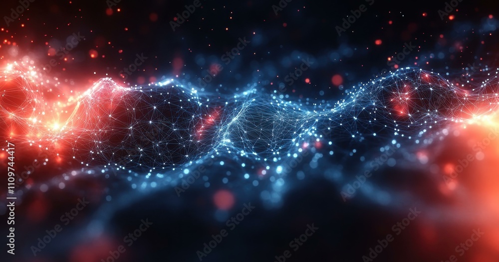 Poster light shadow dancing. futuristic digital particles connecting in blue and red glowing network, techn
