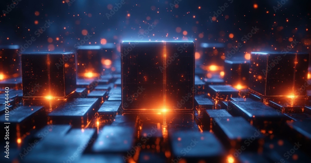 Poster light pattern animation. futuristic glowing cubes with light effects in digital network concept, tec
