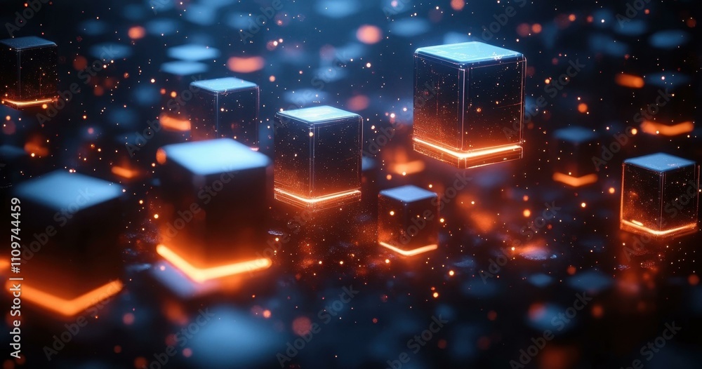 Poster a sleek presentation futuristic geometric composition with glowing cubes and neon lighting effects