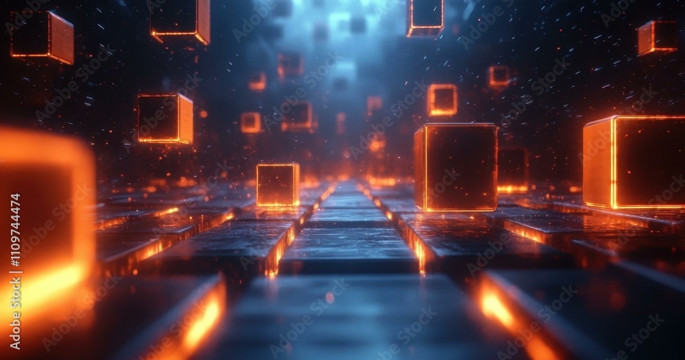Poster a technological sophistication futuristic 3d artwork showcasing floating cubes and rectangular shape
