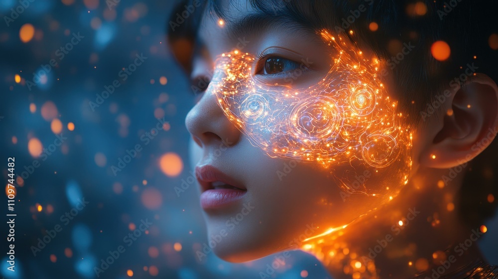 Aufkleber a teenage boy using a brain-computer interface his glowing face controlling virtual elements with th