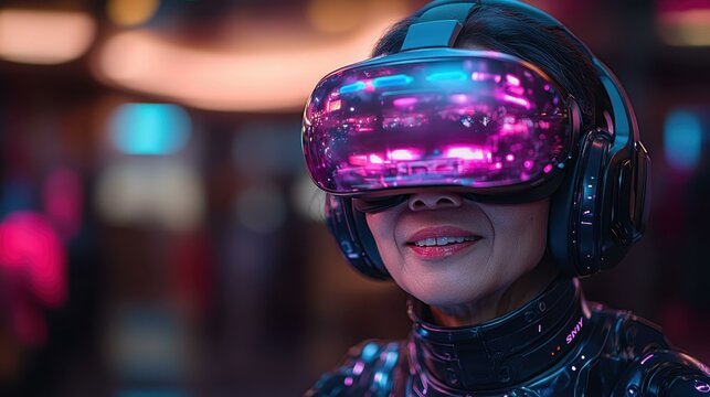Tech Gaming Experience. Futuristic woman wearing virtual reality headset enjoying immersive digital experience at tech event or gaming expo with colorful neon lights and vibrant cyberpunk background