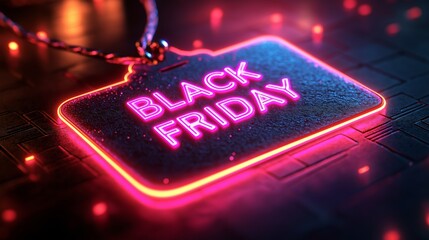 Futuristic Black Friday neon tag glowing in pink and red with modern design, perfect for sales promotions