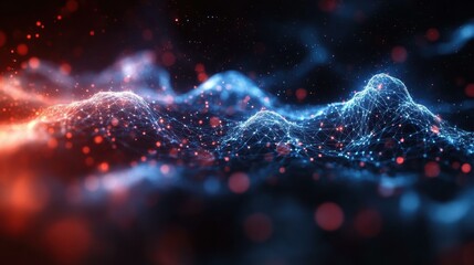 An Movement depicted Glowing nodes and lines forming a complex mesh structure with blue and red hues