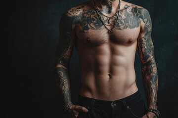 Fototapeta premium Contemporary Tattooed Individual Showcasing Unique Body Art Against Dark Backdrop