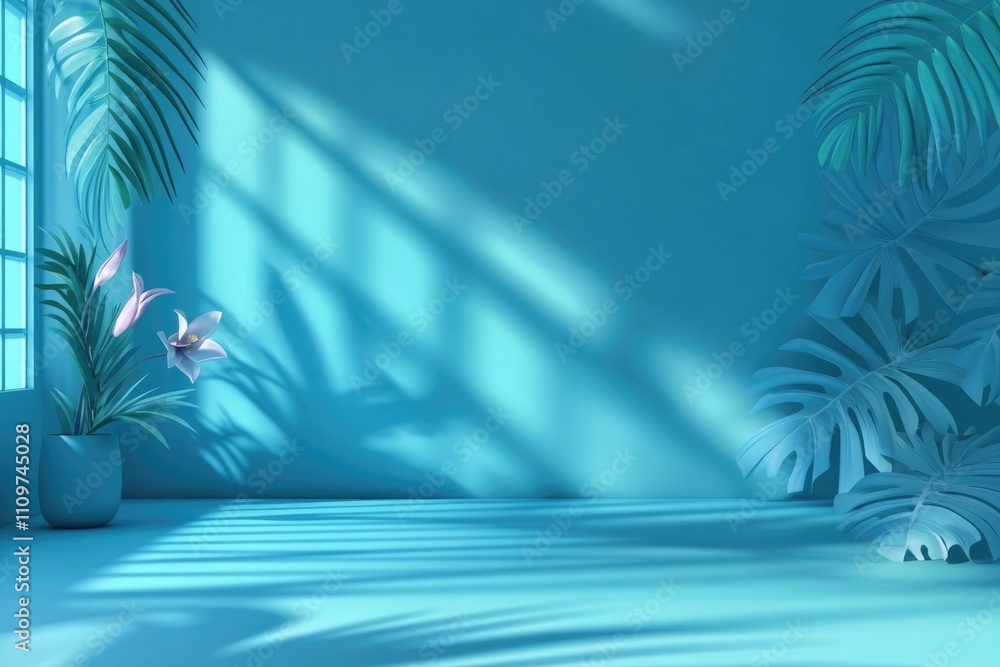 Poster serene blue studio: gradient background with shadowed space for product display and summer vibes