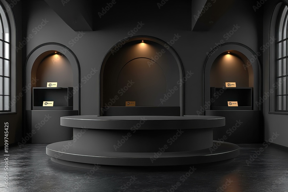 Aufkleber tech display stand. modern empty round podium for product display in dark minimalistic showroom with