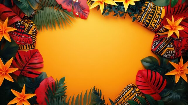 Vibrant Ghana independence day celebration with traditional patterns and tropical foliage. Horizontal banner. Copy space. Holiday template with red and yellow flowers and green leaves - Powered by Adobe