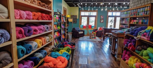 Fototapeta premium Vibrant Yarn Shop Interior with Cozy Seating and Rainbow-Colored Yarn Display