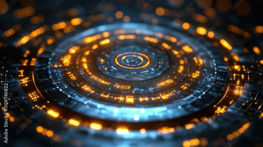 Poster smart home devices. futuristic circular technology interface glowing with orange and blue lights, di