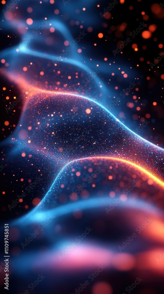 Poster home office setup. abstract glowing particles with wave light effect, futuristic background for tech