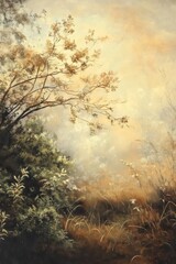 This serene landscape painting uses a soft pastel palette to highlight autumns beauty, showcasing elegant trees and grasses in harmony with nature, inviting a peaceful moment of tranquility