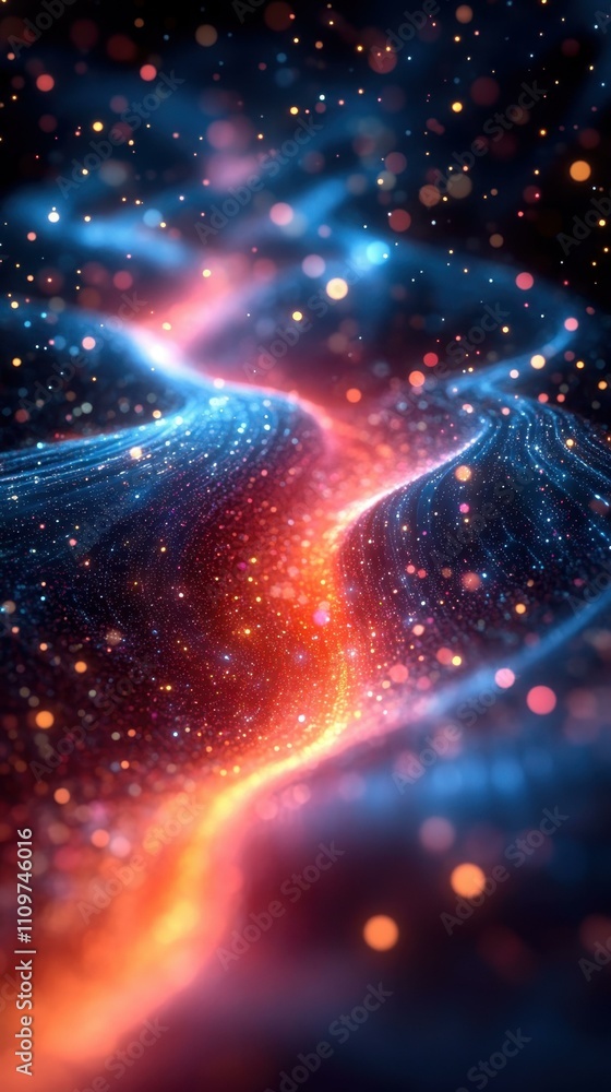 Poster light motion patterns. abstract glowing particles flow in dynamic cosmic stream, futuristic technolo