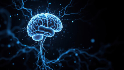 Fototapeta premium A graphic illustration showing a brain with glowing electric current lines radiating from it, symbolizing artificial general intelligence (AGI).