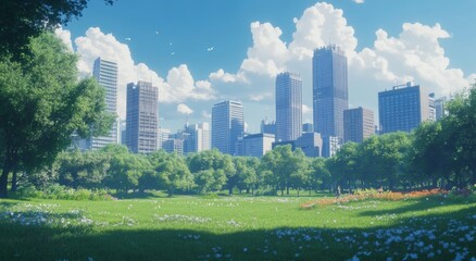 Obraz premium A peaceful city park with vibrant green grass and trees, framed by tall buildings in the background.