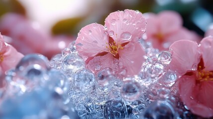 Fresh Spring Blooms. Close-up of delicate pink cherry blossoms resting on sparkling water droplets perfect for spring decor, nature photography, floral backgrounds, romantic themes, wellness, and sea