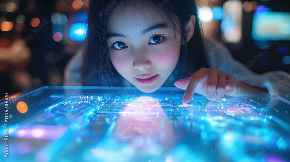 Aufkleber tech innovation interface. young woman interacting with futuristic digital touchscreen interface in 