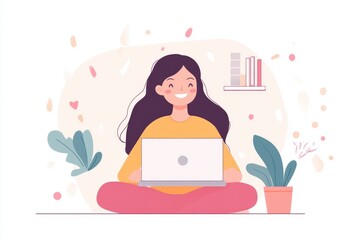 Cheerful Woman Engaged with Laptop in a Modern Workspace, Embracing Career Success