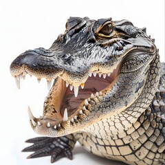 Obraz premium Close-up of an alligator's head and open jaws, showcasing its sharp teeth and textured skin against a white background. A detailed image of a reptile.