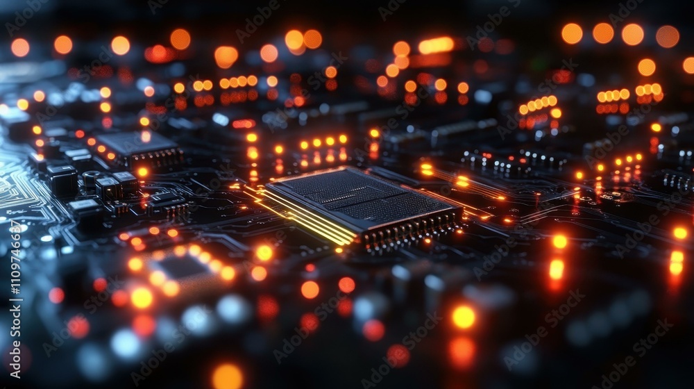 Poster smart home devices. close-up of microchip on futuristic circuit board glowing with orange lights, te