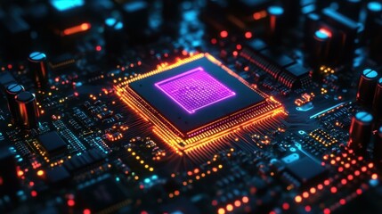 CPU and microcircuits image Abstract technologies. High-tech computer processor chip glowing on electronic circuit board, technology background for AI, innovation, computing, digital devices, futuris