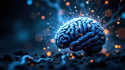 Fototapeta premium Futuristic depiction of artificial general intelligence with a human brain surrounded by electric particles.