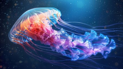 Obraz premium Vibrant jellyfish underwater, glowing bell, tentacles.