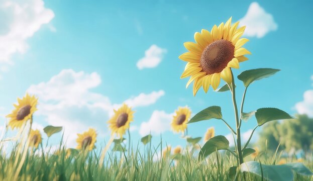 A close-up view of vibrant sunflowers swaying in the distance, set against a clear blue sky with fluffy white clouds.