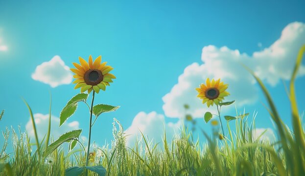A close-up view of vibrant sunflowers swaying in the distance, set against a clear blue sky with fluffy white clouds.