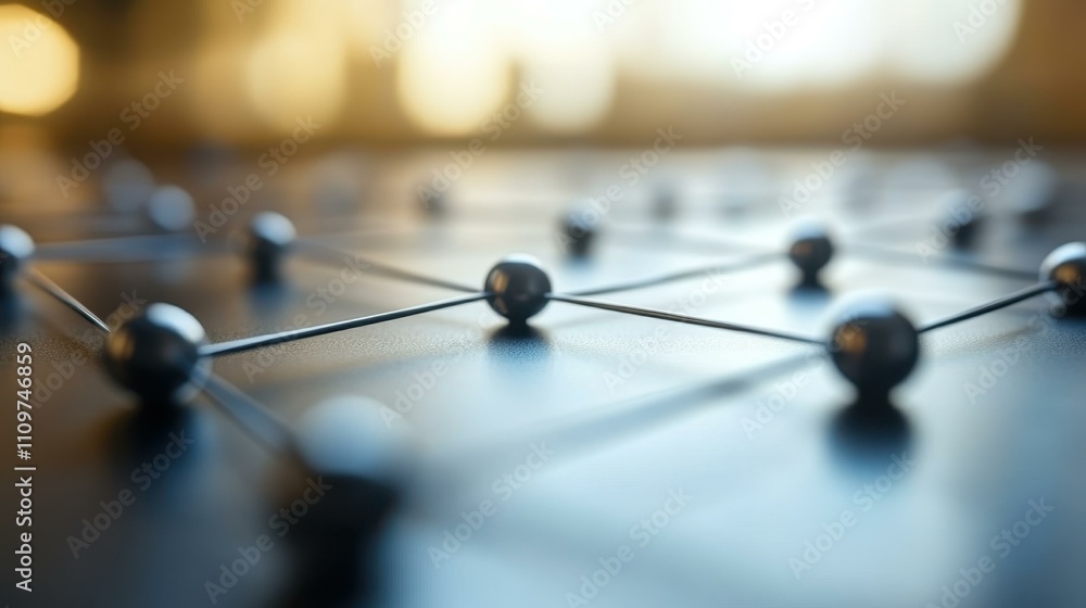 Poster Data Sharing Network. Network nodes connection, abstract technology concept showing linked spheres and lines for internet, communication, digital data transfer, futuristic background with warm bokeh
