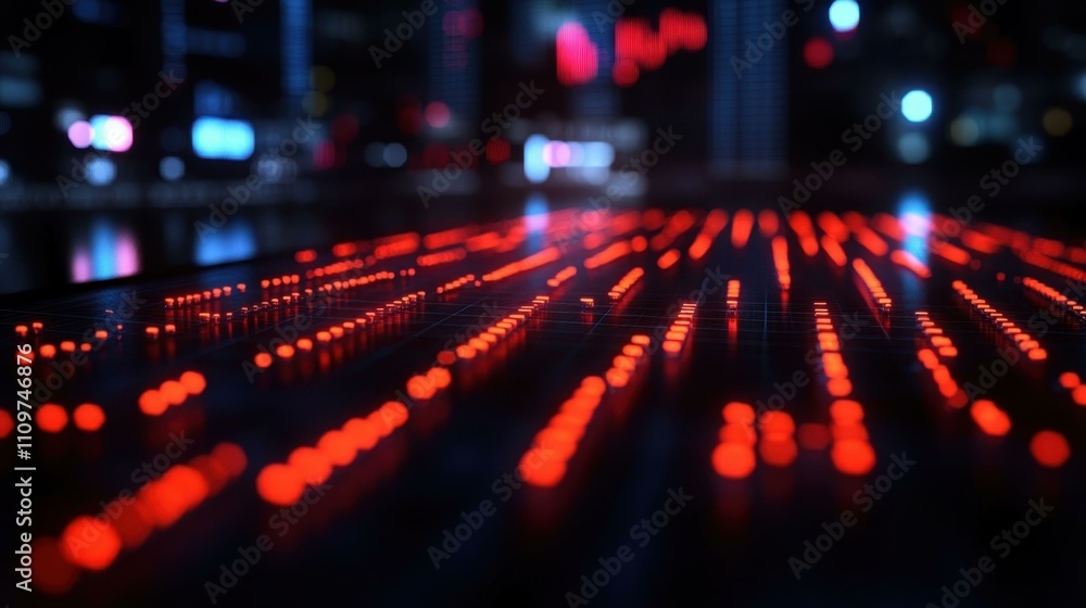 Poster future tech innovation. close-up of red led lights on black surface representing futuristic technolo
