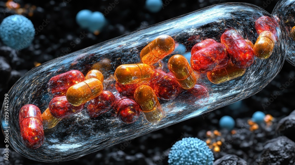 Poster lab culture growth. close-up of bacteria cell with colorful internal structures under microscope, sc