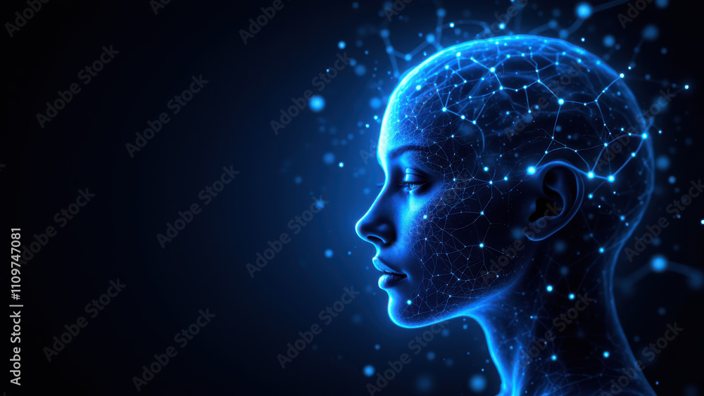 Poster computerized human head with blue glow representing advanced thought processes indicative of artific