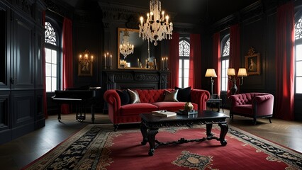 Luxurious dark interior living room with red sofa and chandelier