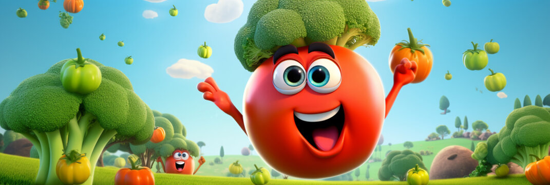 Crazy vegetable Banner. tomato with a broccoli crown holds a small pumpkin aloft, celebrating Vegan Day amidst whimsical landscape of floating vegetables, giant broccoli trees, and vibrant blue sky