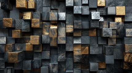 Abstract arrangement of black and gold 3D cubes with textured surfaces