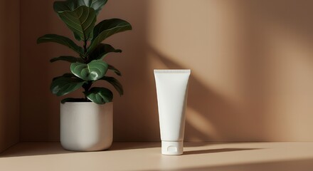A hand cream tube mock-up with a plain white surface, resting next to a plant pot in a cozy corner 3d illustration brand mock-up template.