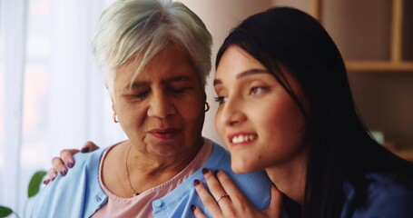 Hug, grandma and woman with support, care and remember of loss, widow and bonding of family in house. Apartment, embrace and affection for senior person, grieving and granddaughter with love in home