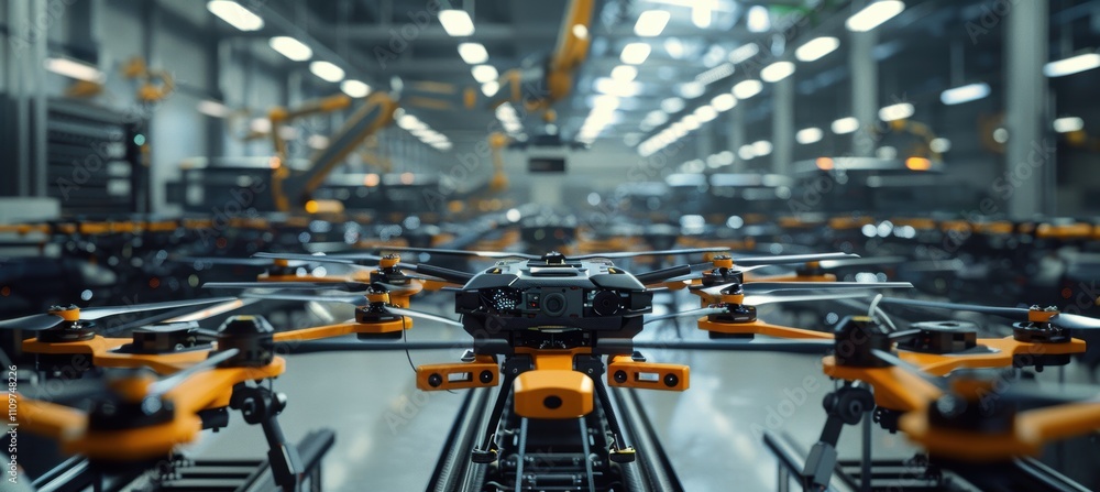 Poster advanced drone manufacturing line with robotic arms in high-tech factory environment