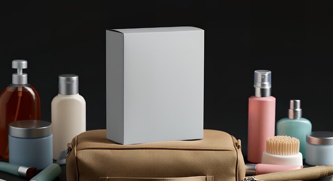 A travel-size beauty kit packaging mock-up with a plain surface, surrounded by toiletries on a travel bag 3d illustration brand mock-up template.