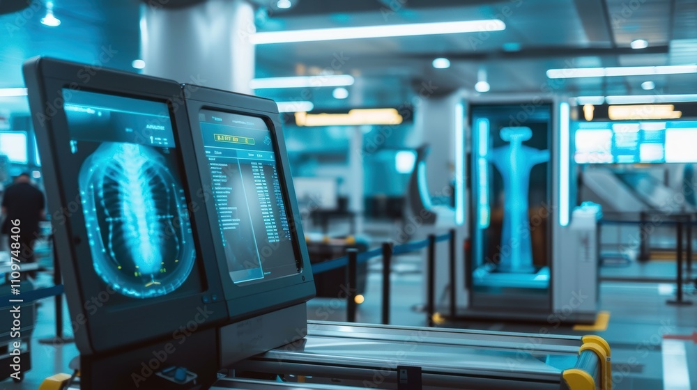 Poster advanced airport x-ray scanner featuring detailed user interface for security