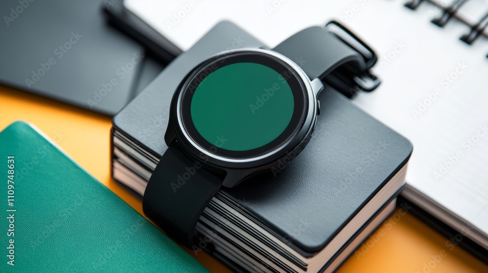 Poster a sleek smartwatch with a green screen resting on a stack of neatly arranged notebooks.