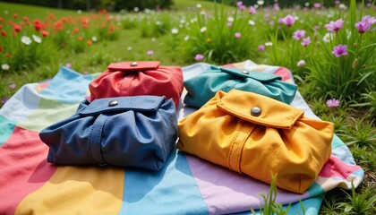 Vibrant Picnic Pouches in a Colorful Meadow with Copy Space