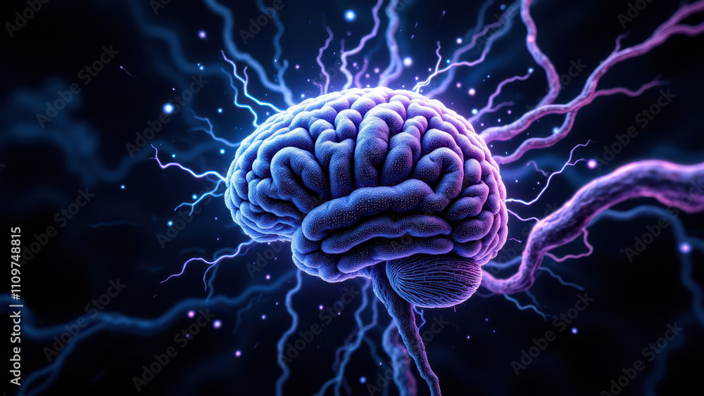 Poster a futuristic depiction of artificial general intelligence with an illuminated brain-like structure.