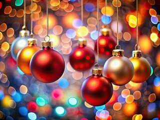 A collection of vibrant Christmas balls dangles from above illuminated by a backdrop of softly glowing lights creating a warm holiday atmosphere