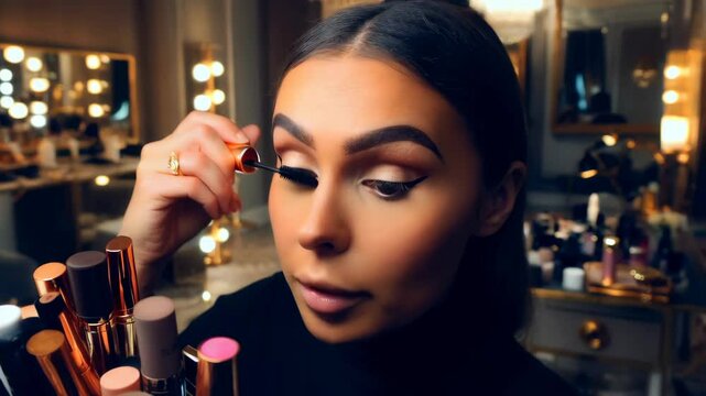 Glamorous makeup tutorial: woman perfecting eyeliner in a luxurious vanity setting